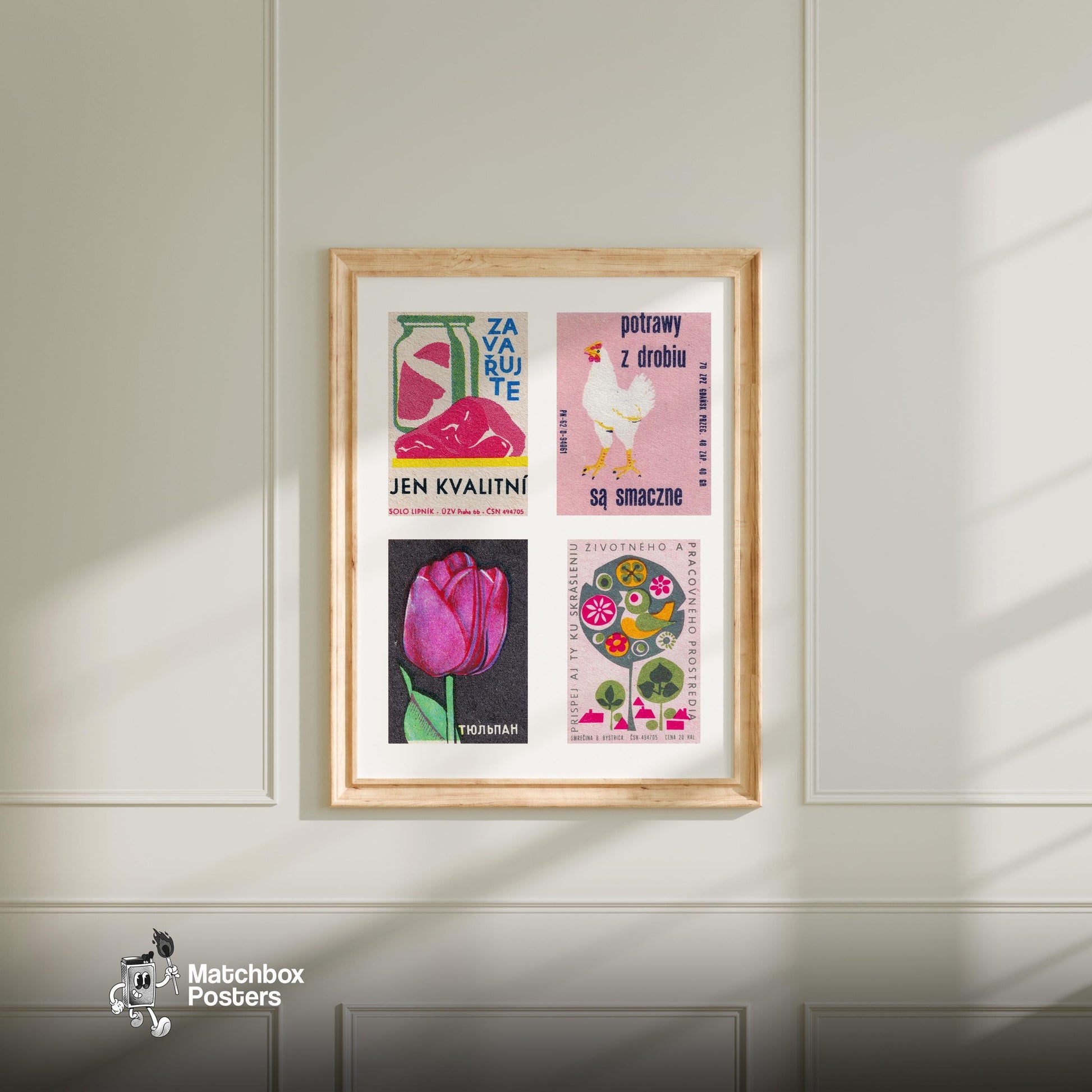 Pinks Grid Print - vintage matchbox label print - living room mockup
