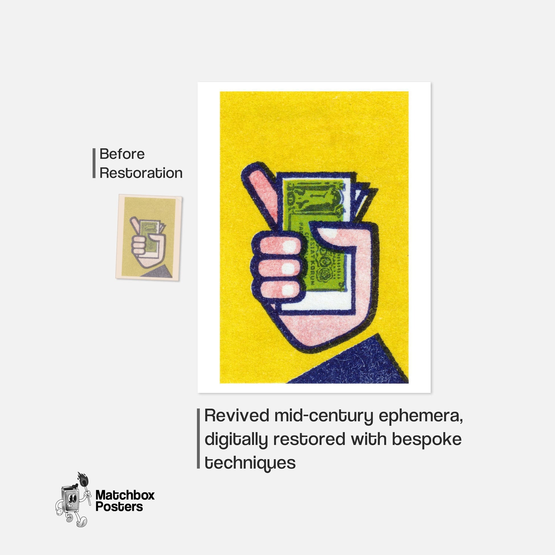 Hand Holding Banknotes - vintage matchbox label print - framed wall art preview