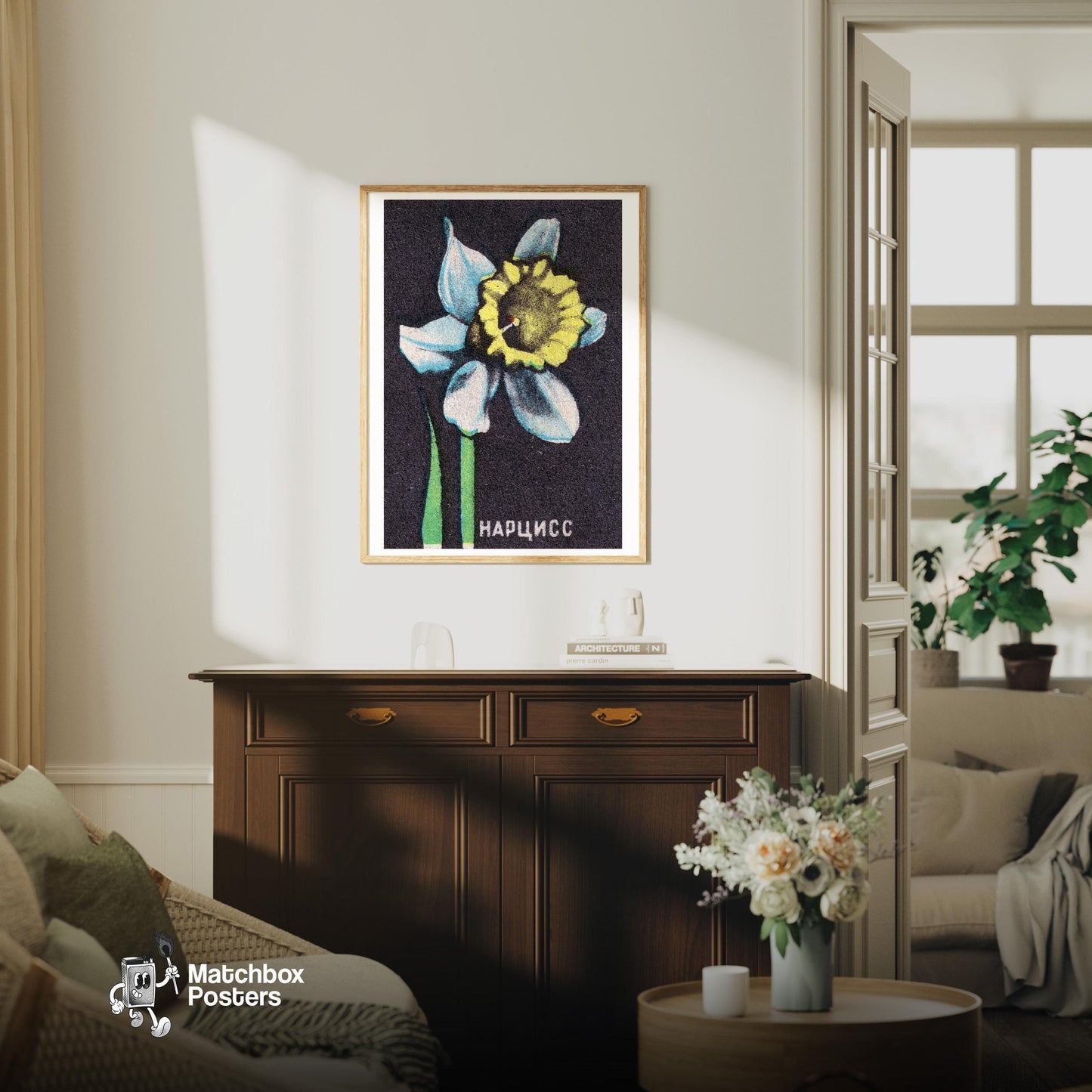 Illustration Of A Daffodil - vintage matchbox label print - living room mockup