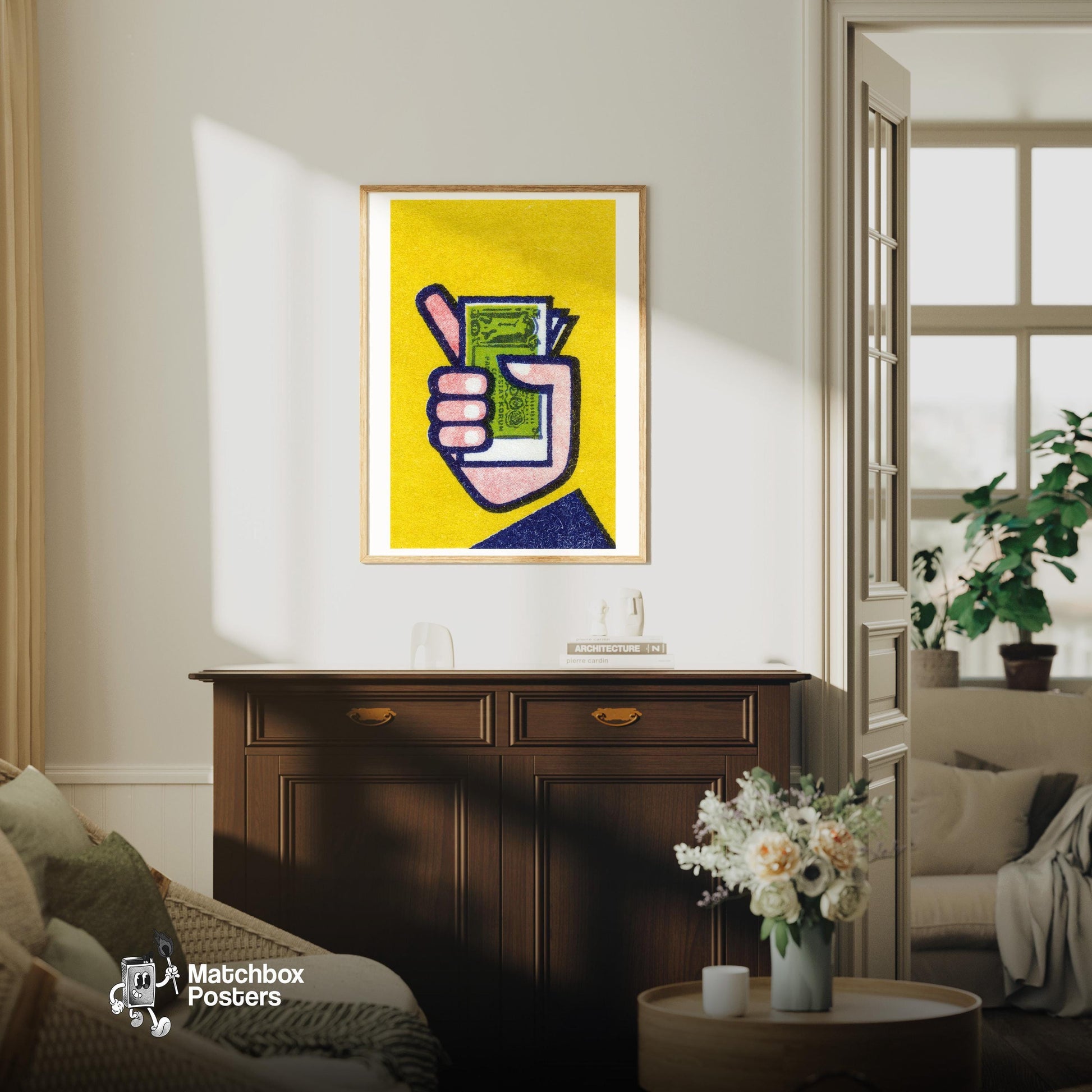 Hand Holding Banknotes - vintage matchbox label print - living room mockup