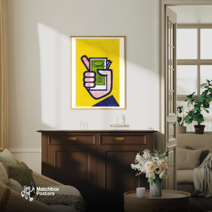 Hand Holding Banknotes - vintage matchbox label print - living room mockup