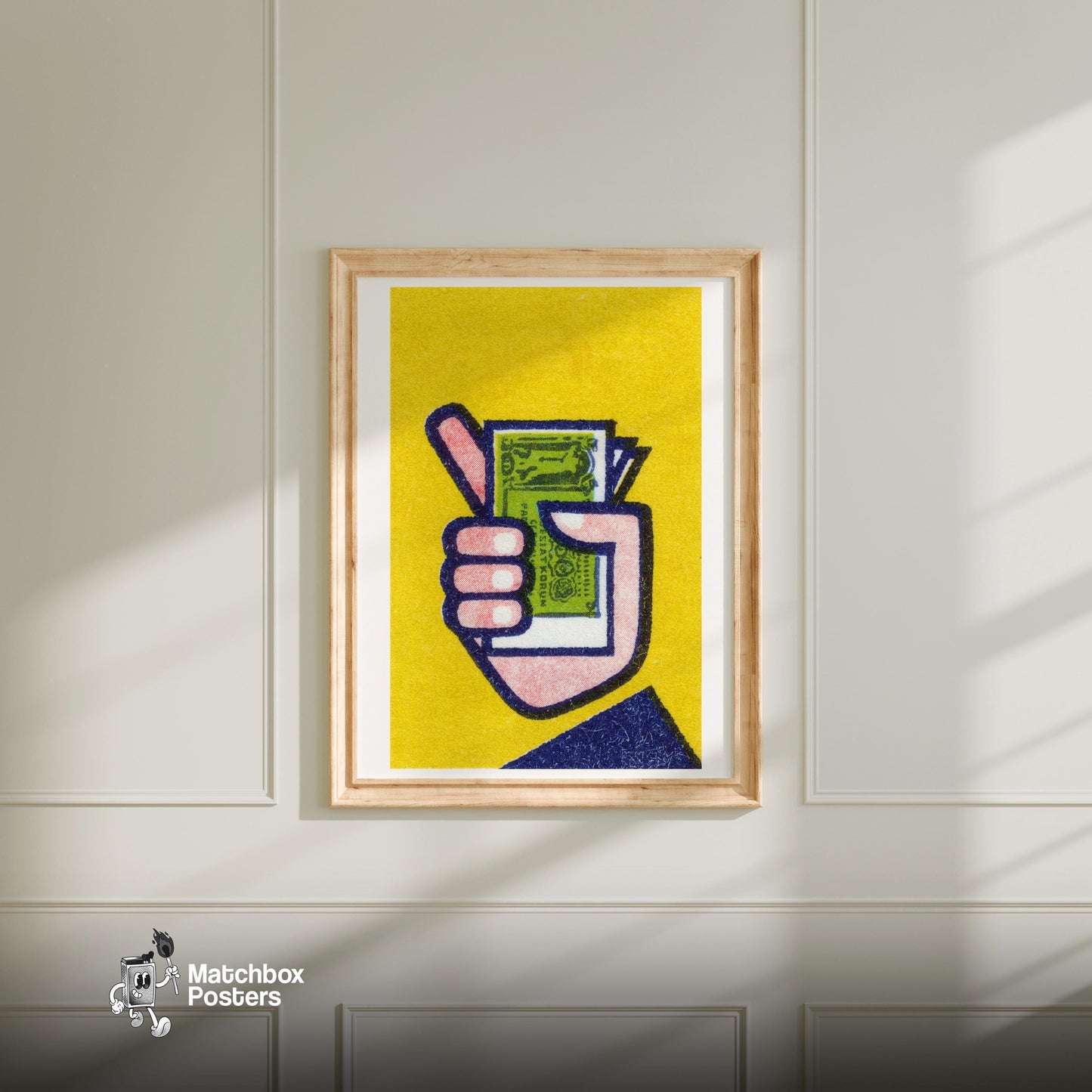Hand Holding Banknotes - vintage matchbox label print - bedroom mockup