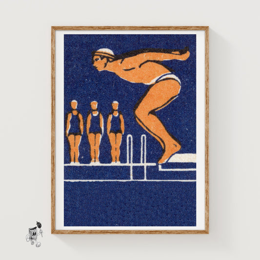 Diving Man - vintage matchbox label print