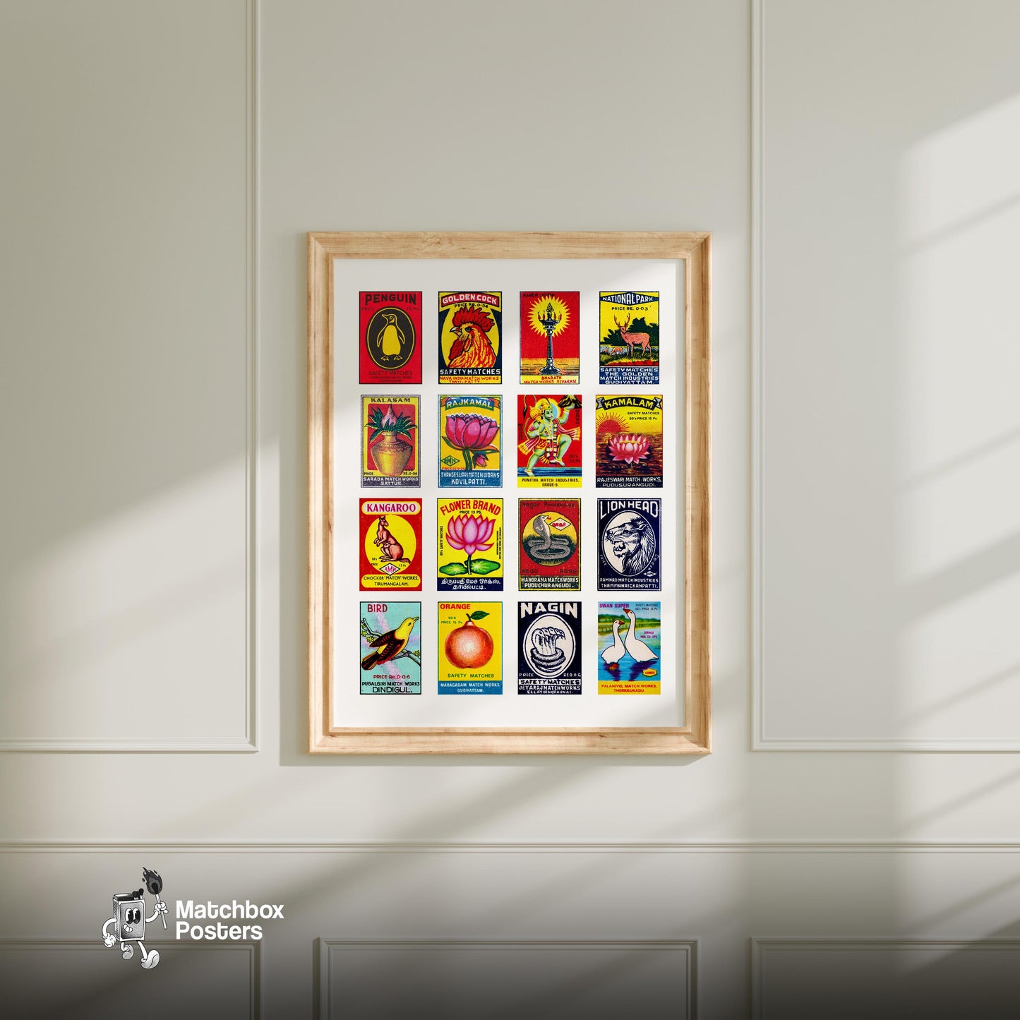 Matchbox Label Collage: Tamil Vintage Typography - vintage matchbox label print - living room mockup