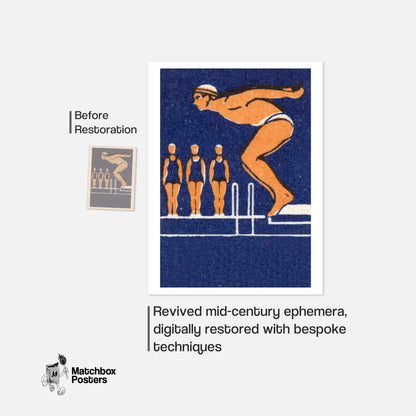 Diving Man - vintage matchbox label print - framed wall art preview