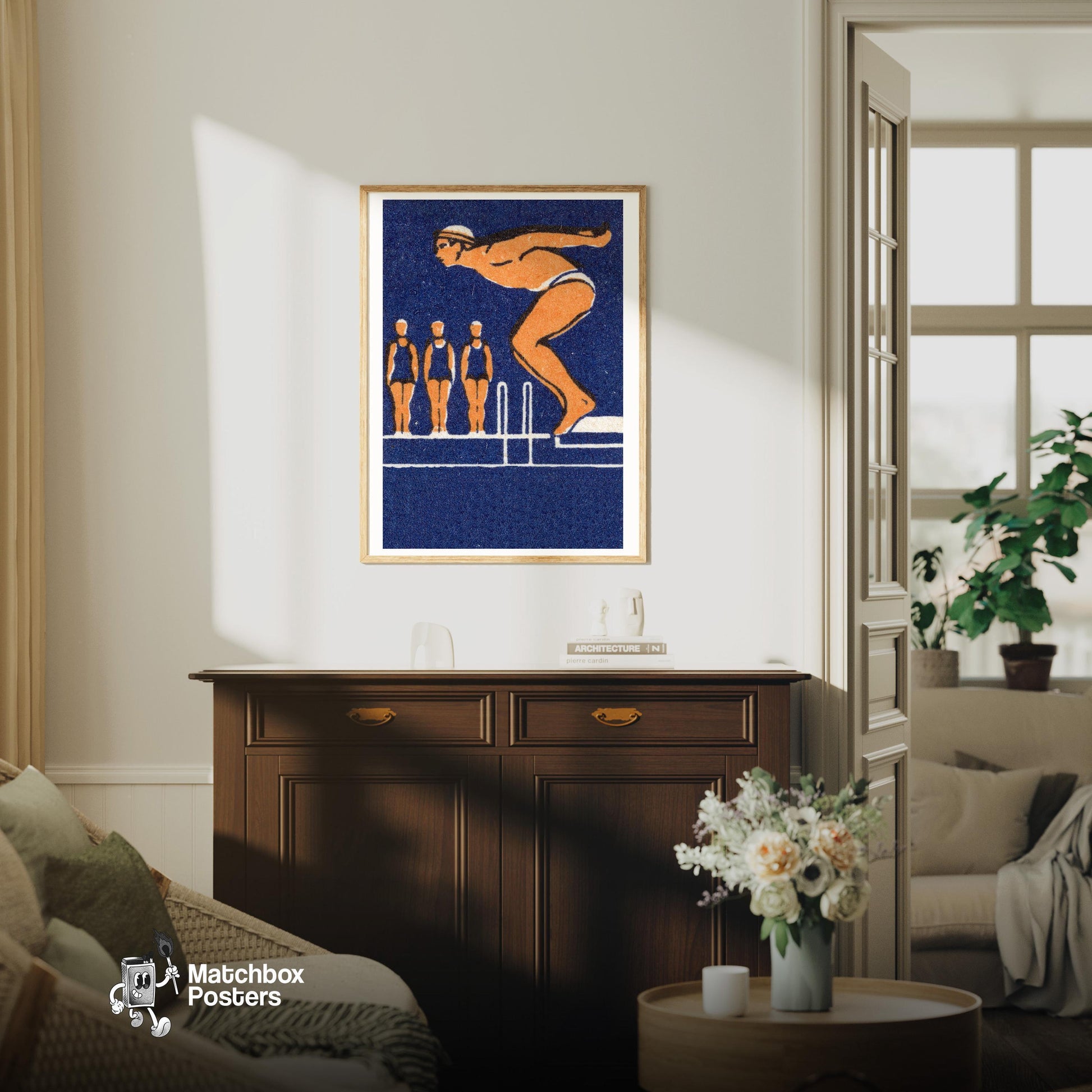 Diving Man - vintage matchbox label print - living room mockup