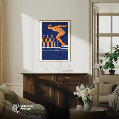 Diving Man - vintage matchbox label print - living room mockup