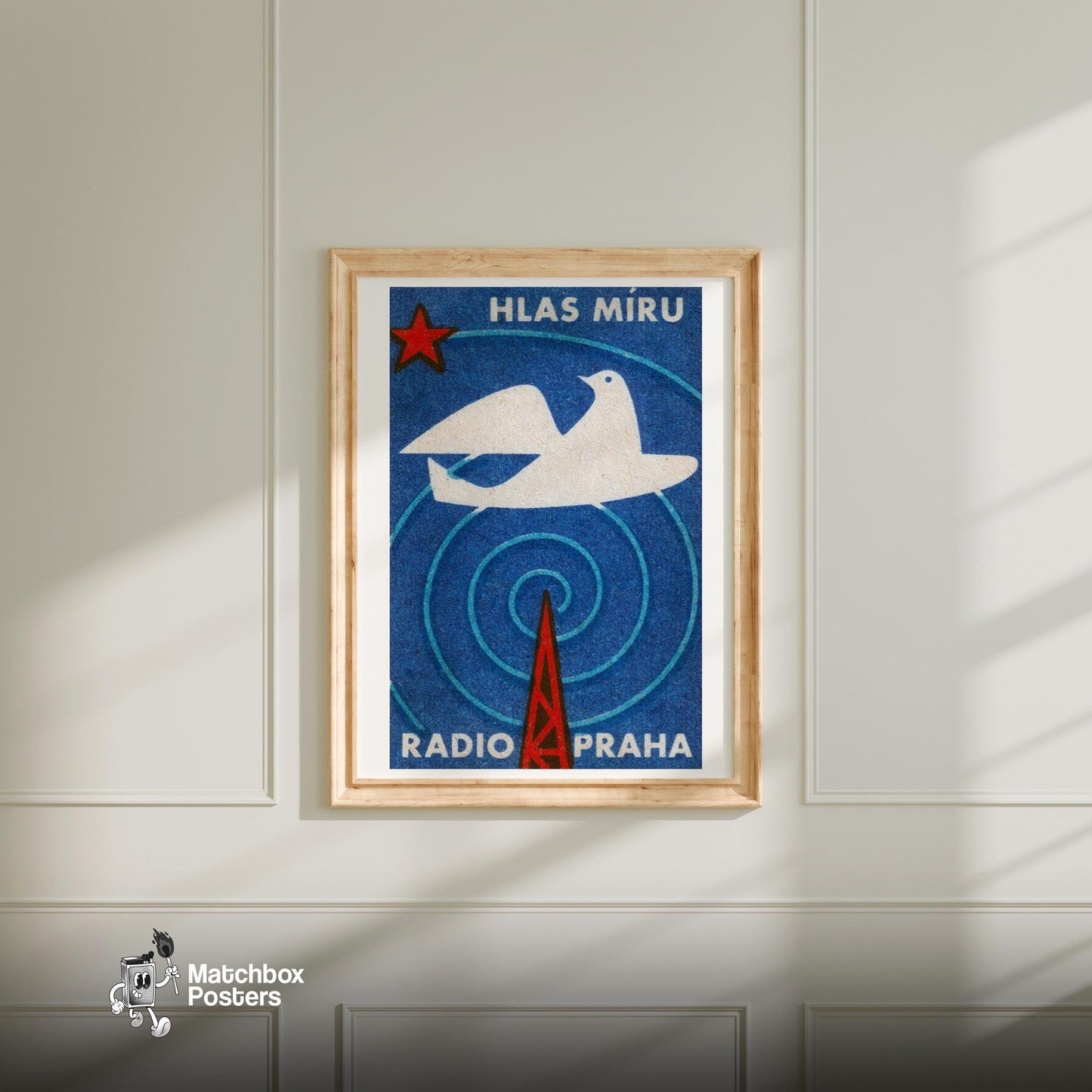 Radio Praha Voice of Peace Dove - vintage matchbox label print - bedroom mockup