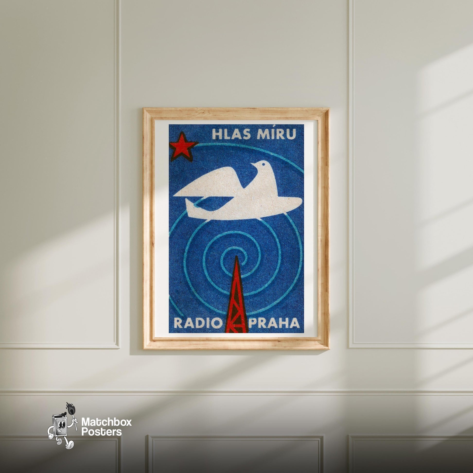 Radio Praha Voice of Peace Dove - vintage matchbox label print - bedroom mockup