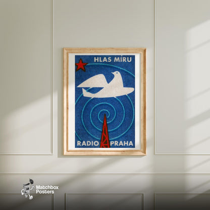 Radio Praha Voice of Peace Dove - vintage matchbox label print - bedroom mockup
