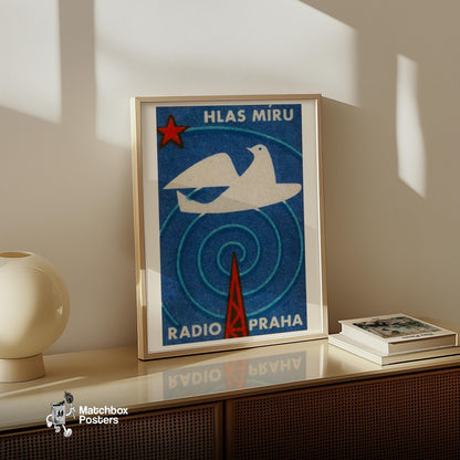 Radio Praha Voice of Peace Dove - vintage matchbox label print - size comparison