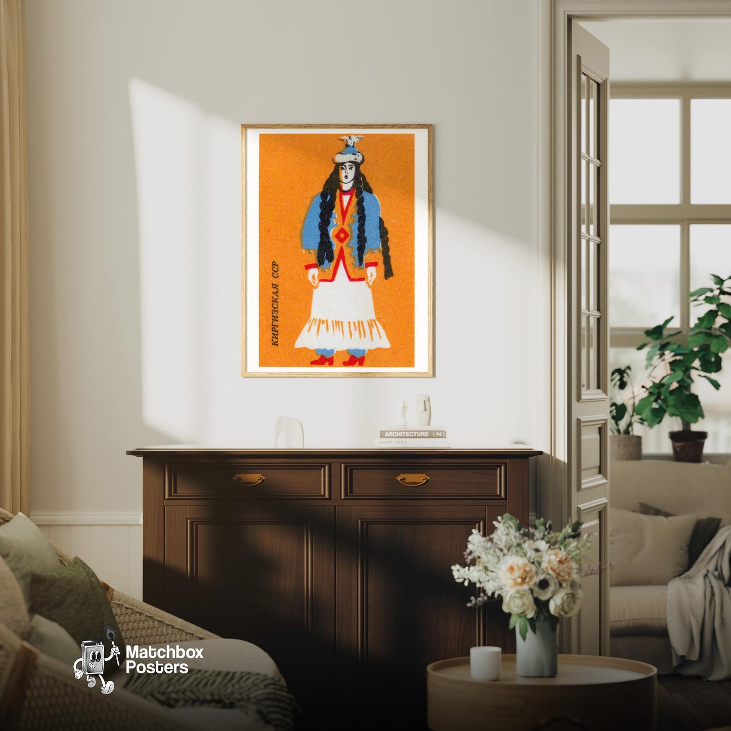Kyrgyz Woman - vintage matchbox label print - living room mockup