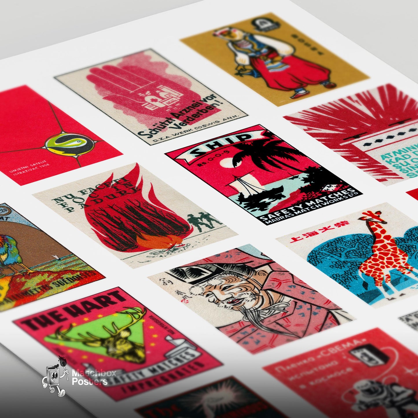Reds Grid - vintage matchbox label print - close-up detail