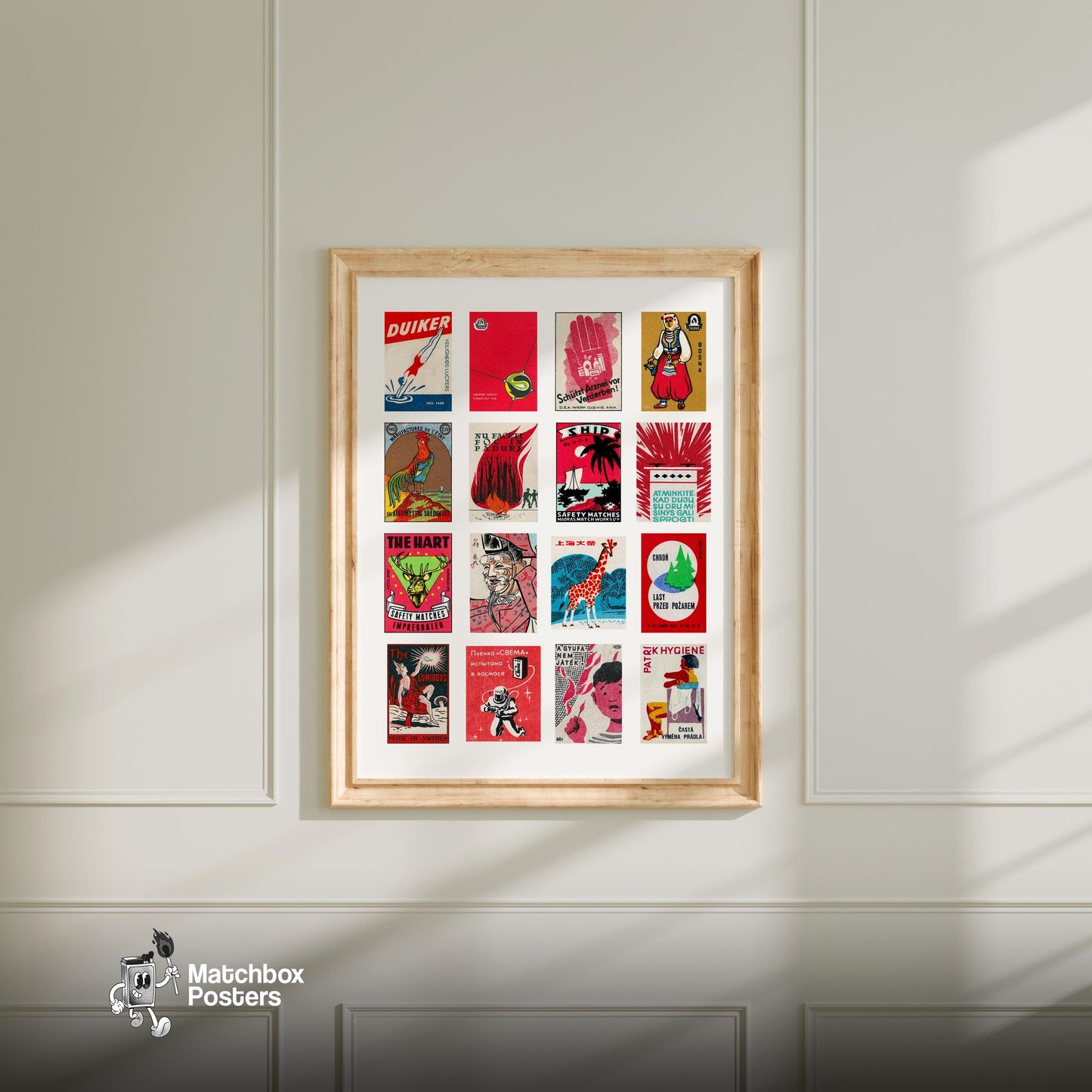 Reds Grid - vintage matchbox label print - living room mockup
