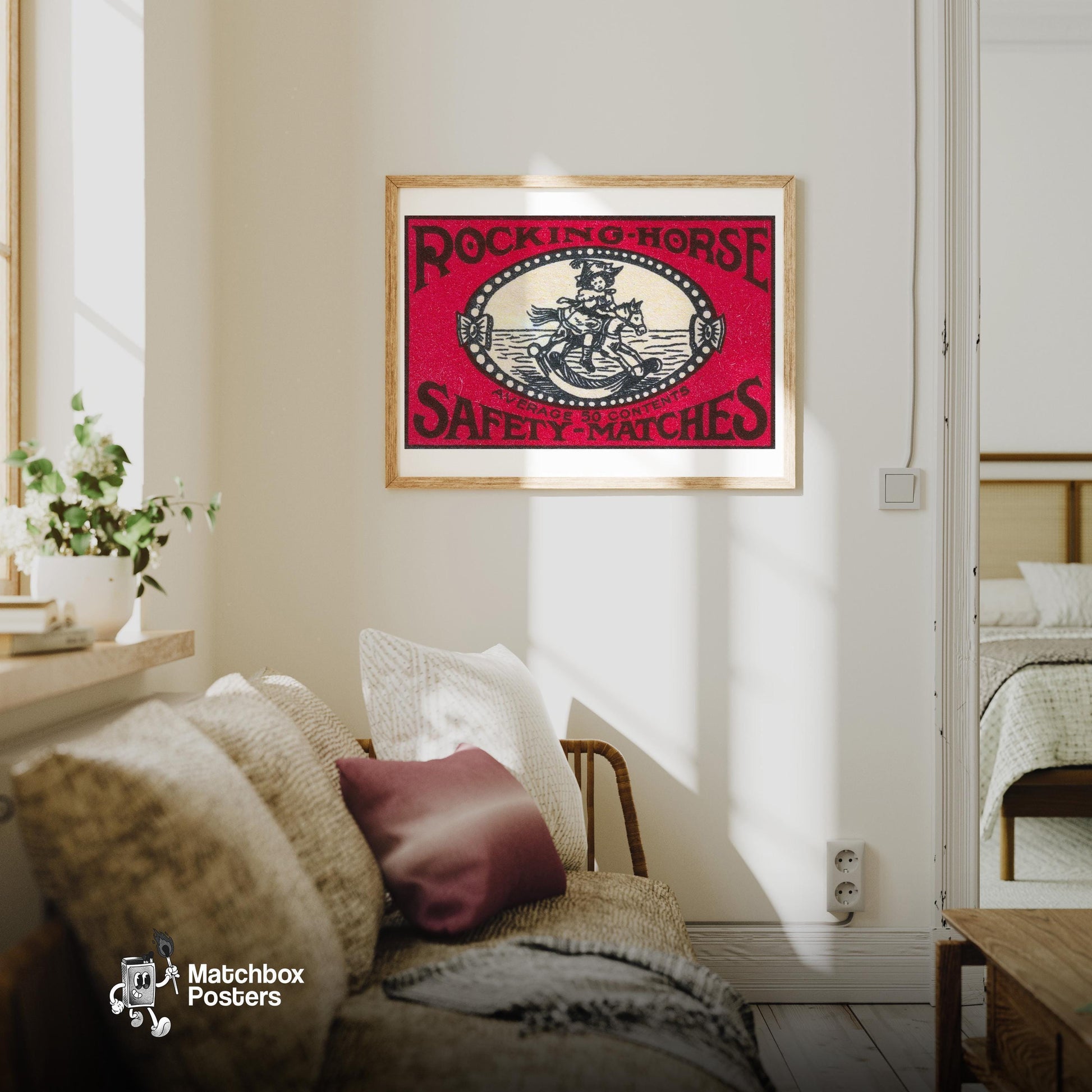 Rocking Horse - vintage matchbox label print - living room mockup
