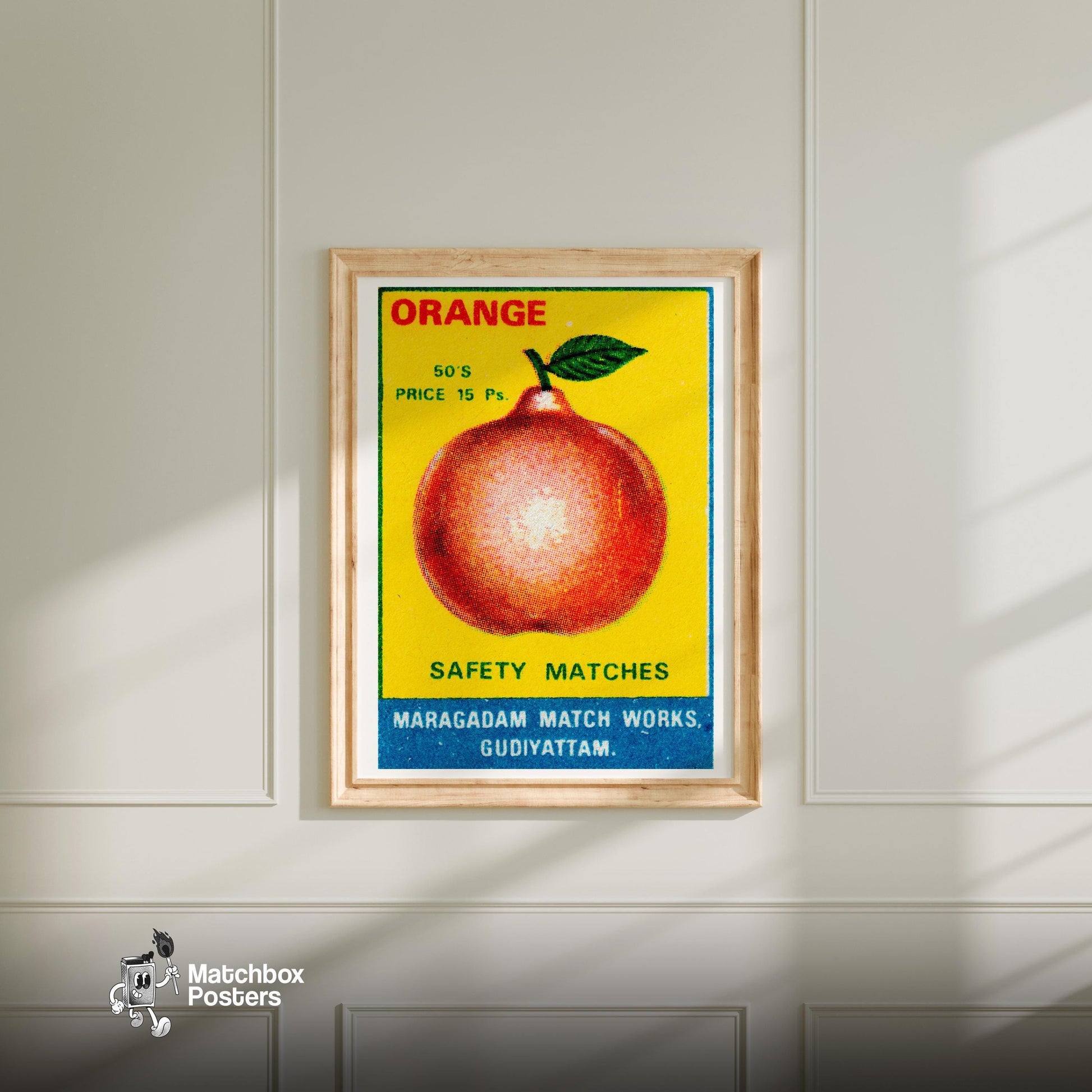 Orange with Leaf - vintage matchbox label print - bedroom mockup