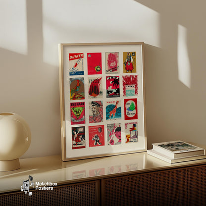 Reds Grid - vintage matchbox label print - bedroom mockup