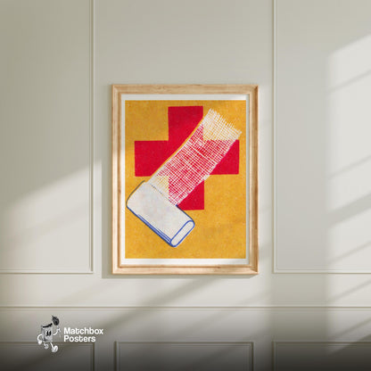 First Aid - vintage matchbox label print - bedroom mockup