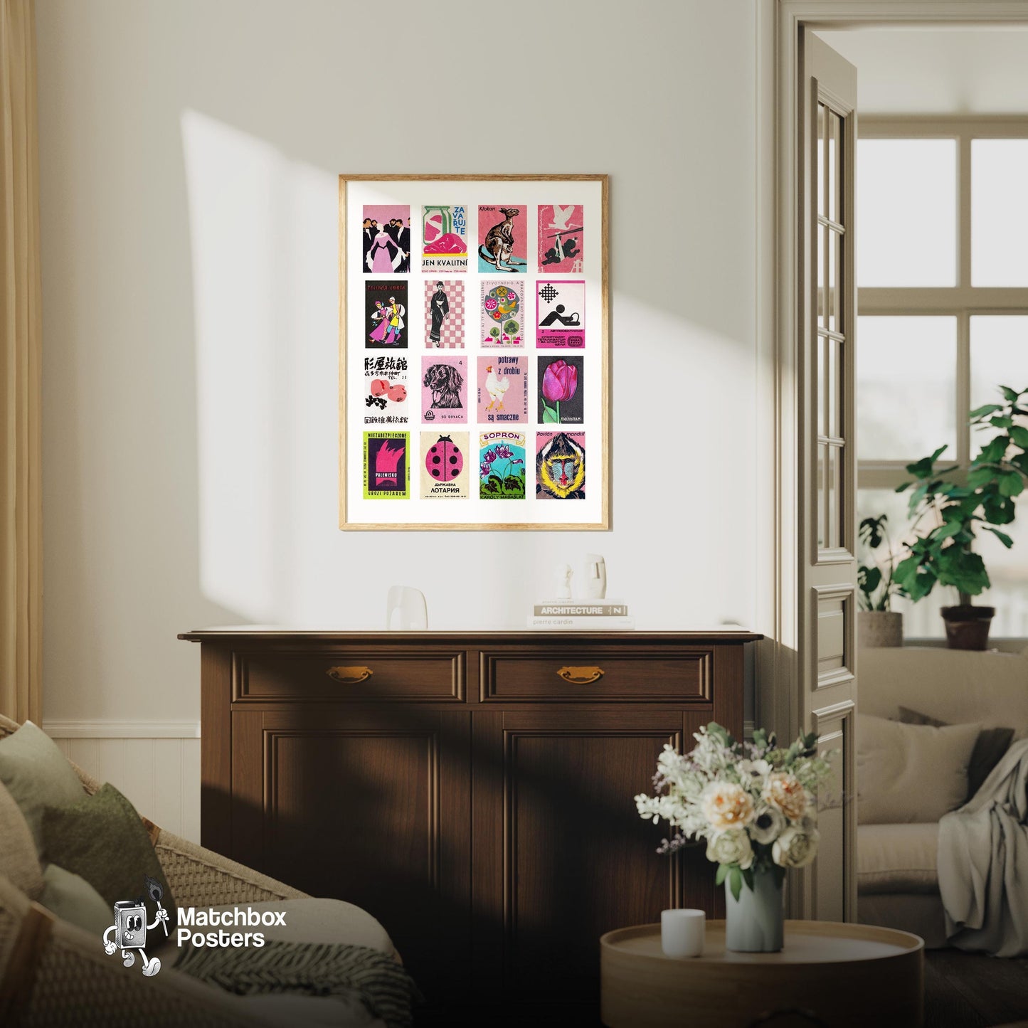 Pink Matchbox Label Collage - vintage matchbox label print - framed wall art preview