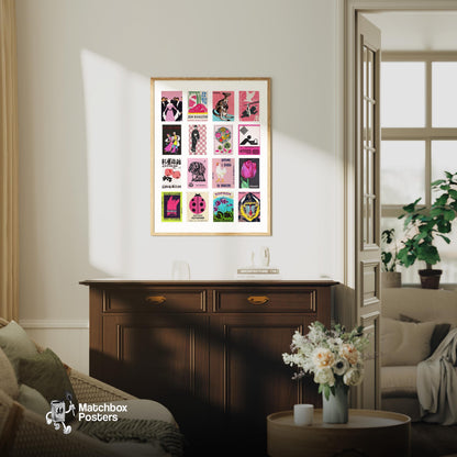 Pink Matchbox Label Collage - vintage matchbox label print - framed wall art preview