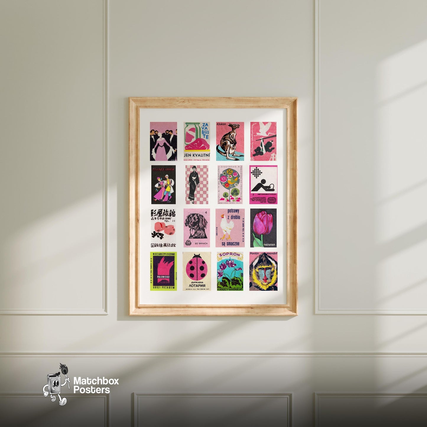 Pink Matchbox Label Collage - vintage matchbox label print - living room mockup