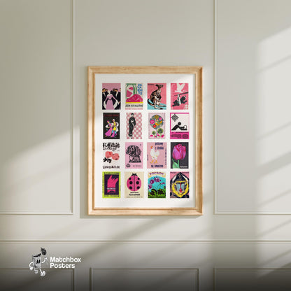 Pink Matchbox Label Collage - vintage matchbox label print - living room mockup