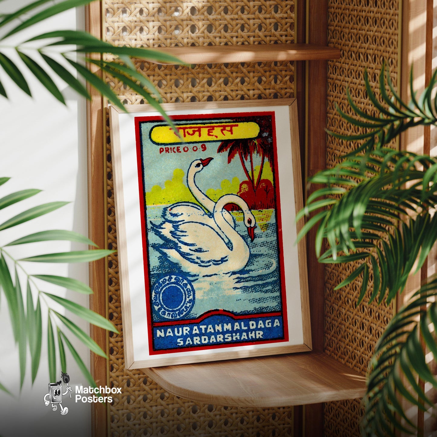 Two Swans - vintage matchbox label print - office wall