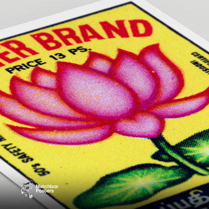 Pink Lotus Flower - vintage matchbox label print - close-up detail