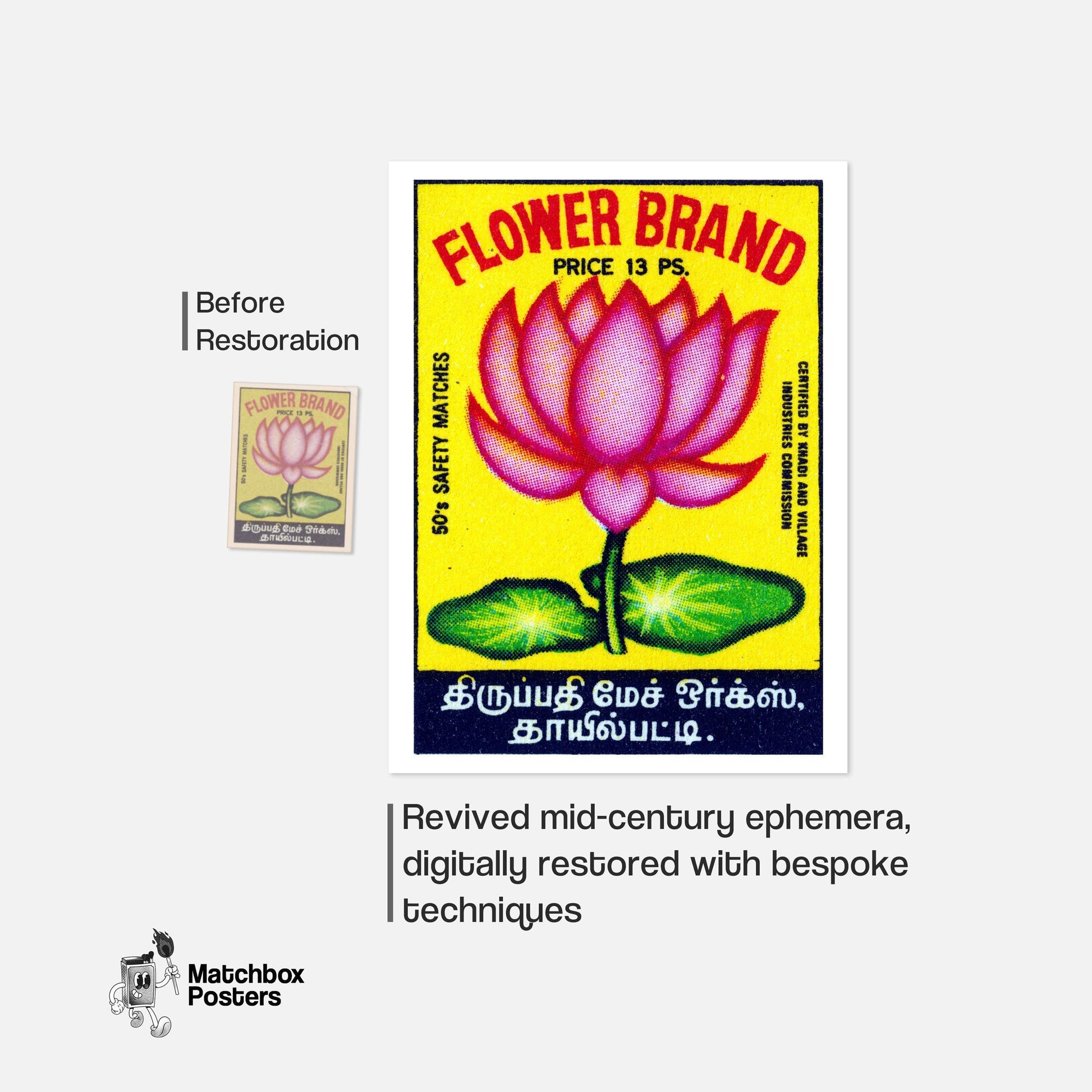 Pink Lotus Flower - vintage matchbox label print - framed wall art preview
