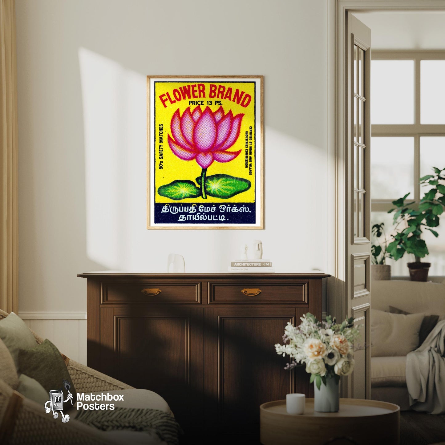 Pink Lotus Flower - vintage matchbox label print - living room mockup