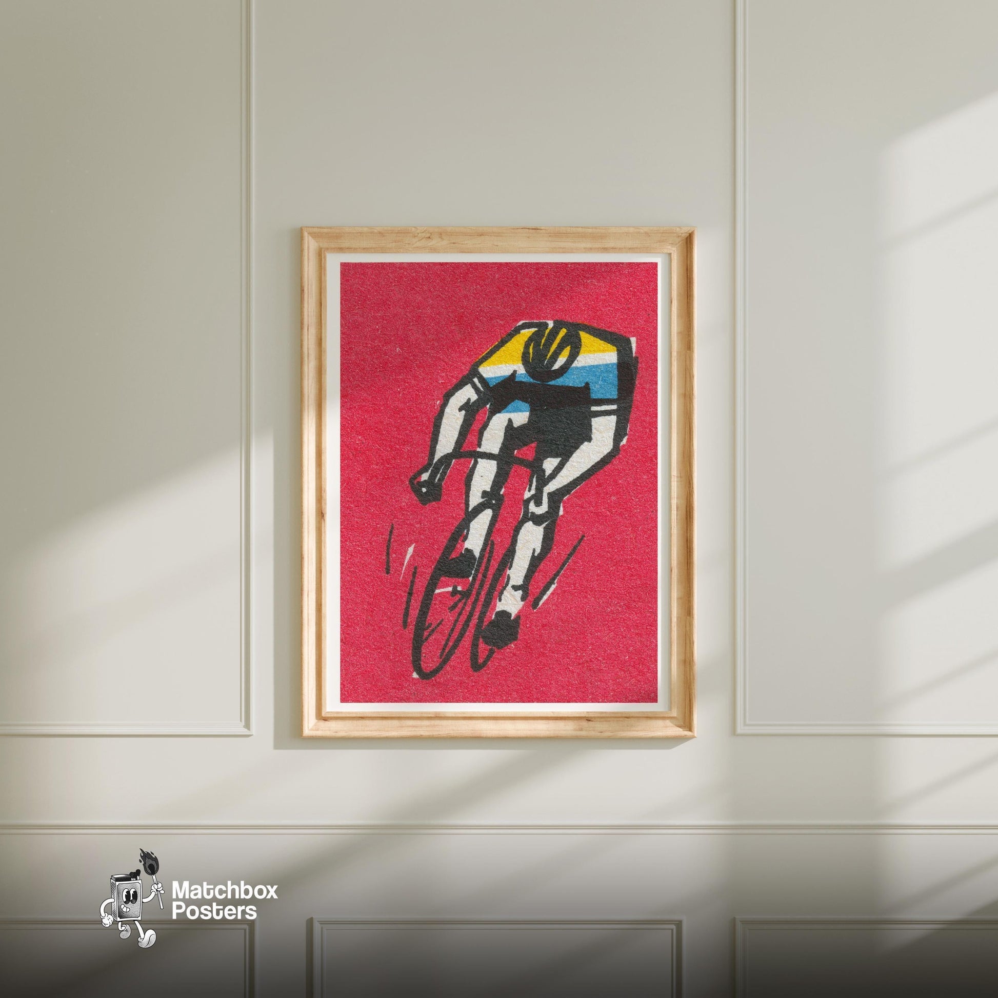 Cyclist - vintage matchbox label print - bedroom mockup