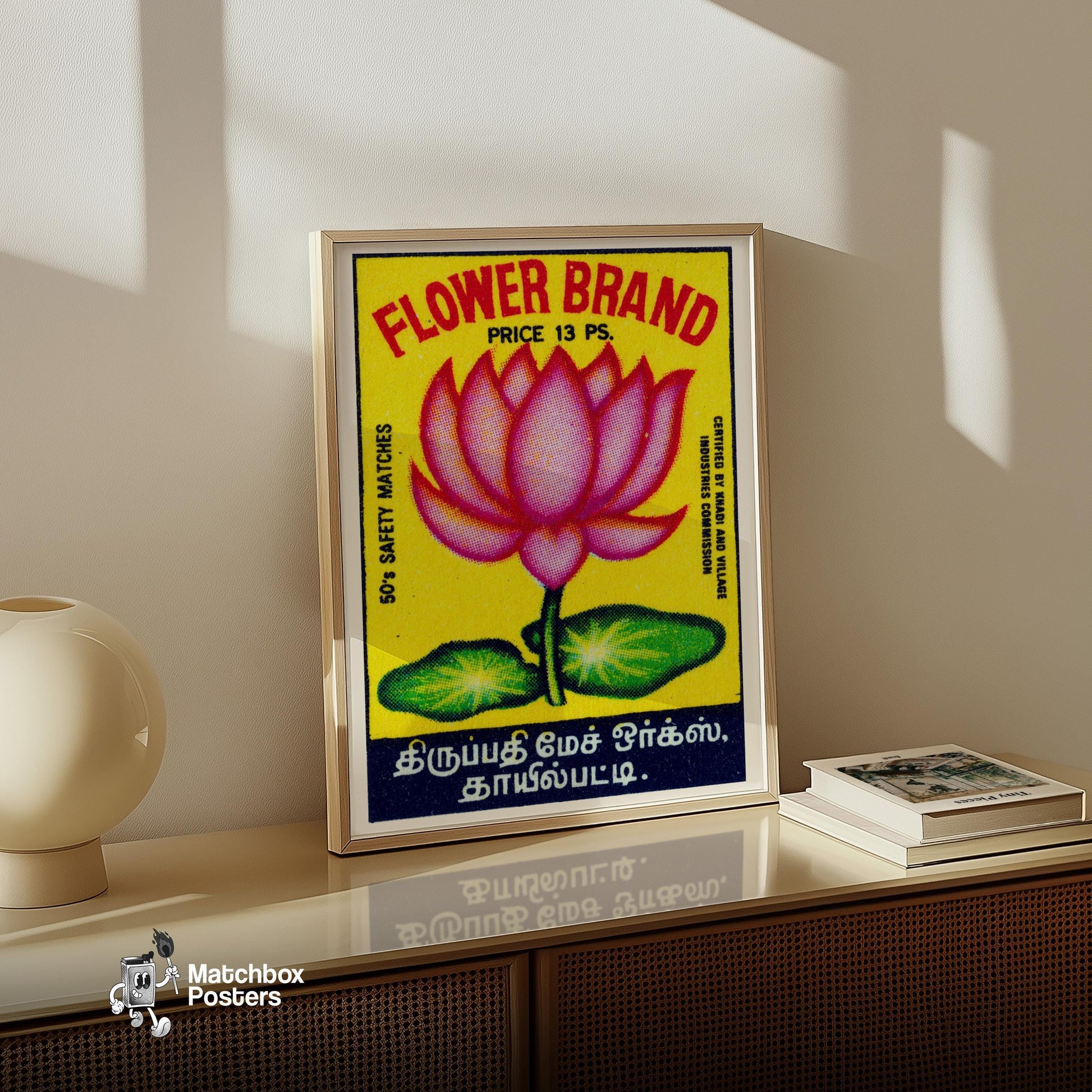 Pink Lotus Flower - vintage matchbox label print - size comparison
