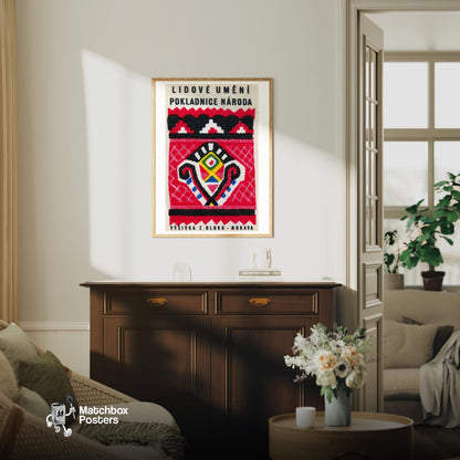 Geometric Folk Art Pattern - vintage matchbox label print - living room mockup