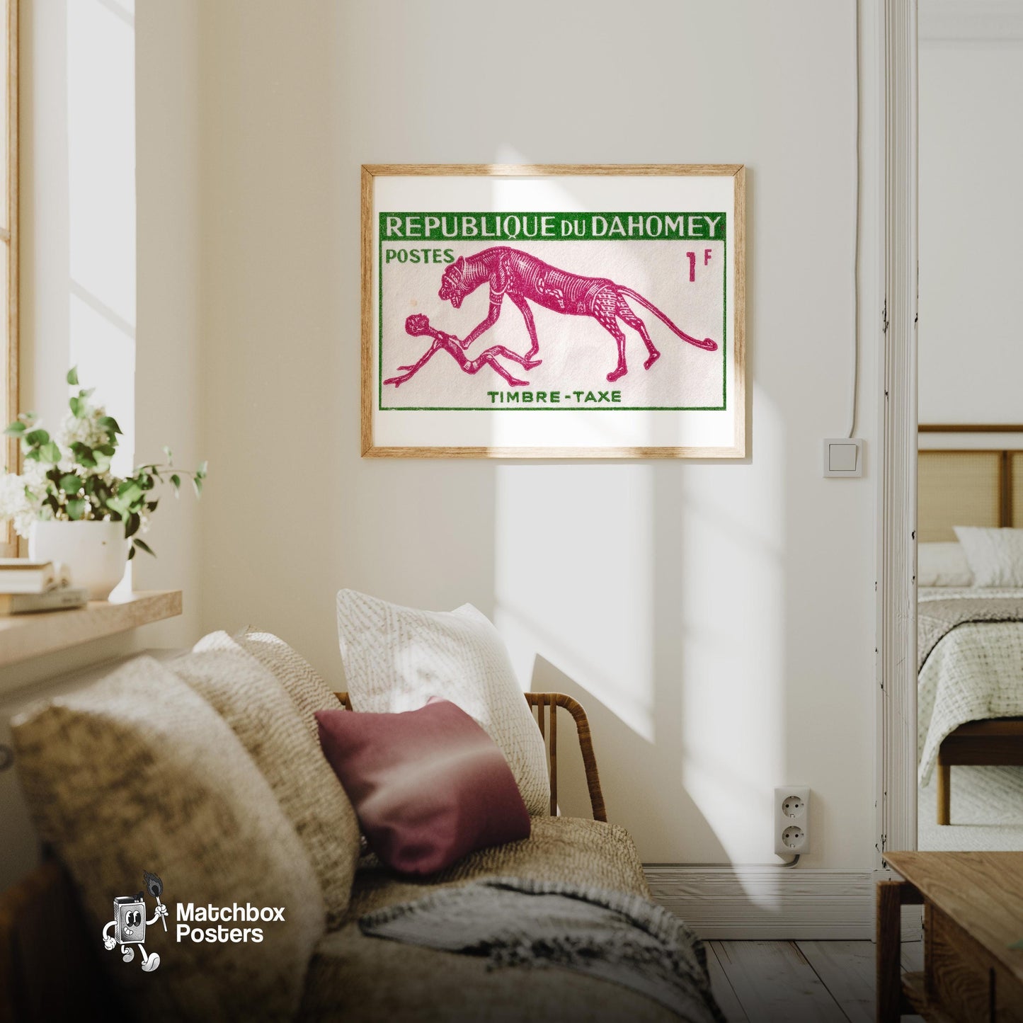 Animal Hunting Man - vintage matchbox label print - living room mockup