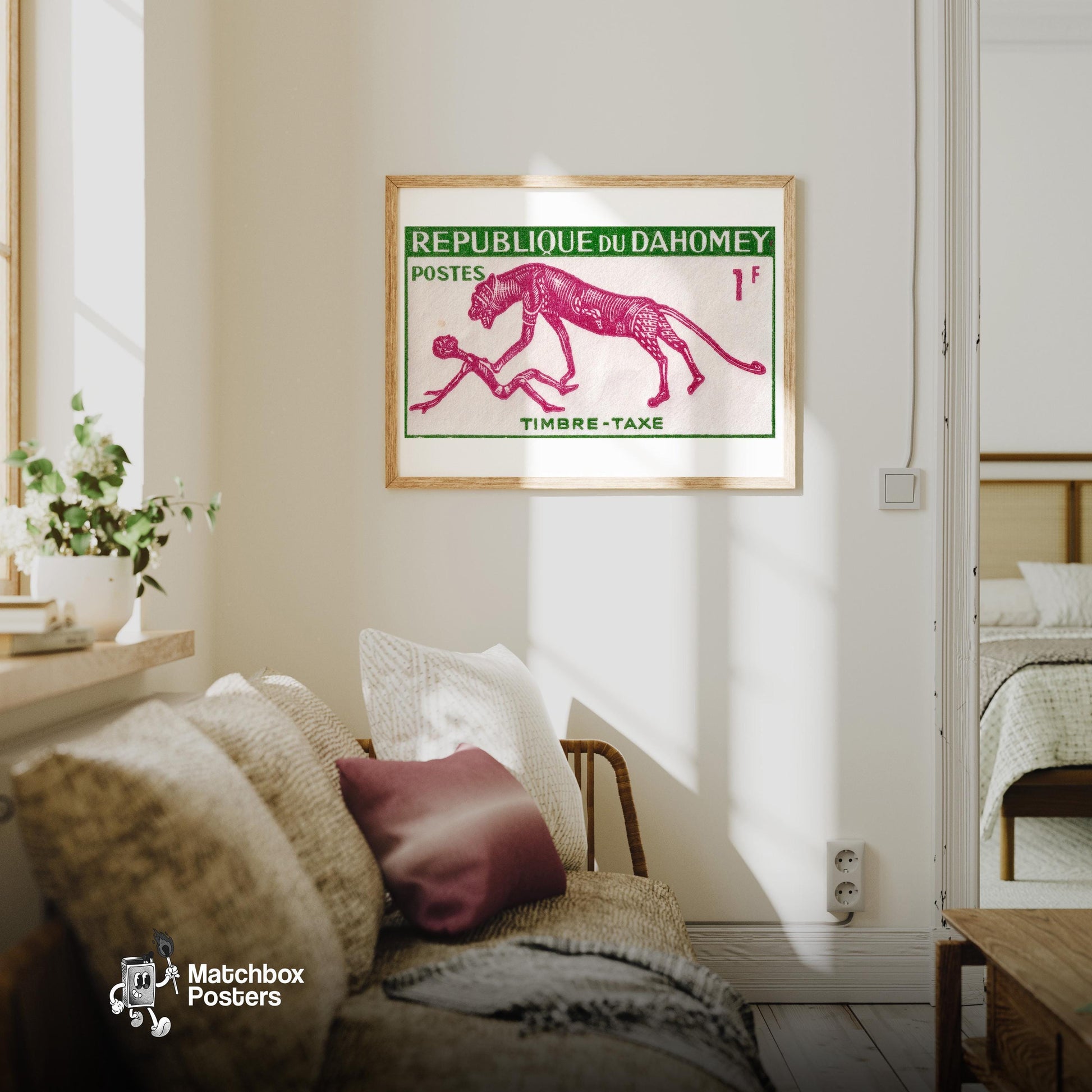 Animal Hunting Man - vintage matchbox label print - living room mockup
