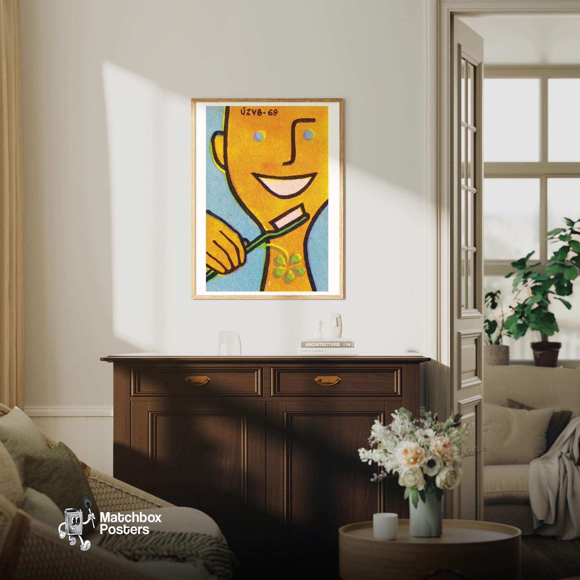 Brushing Teeth - vintage matchbox label print - living room mockup