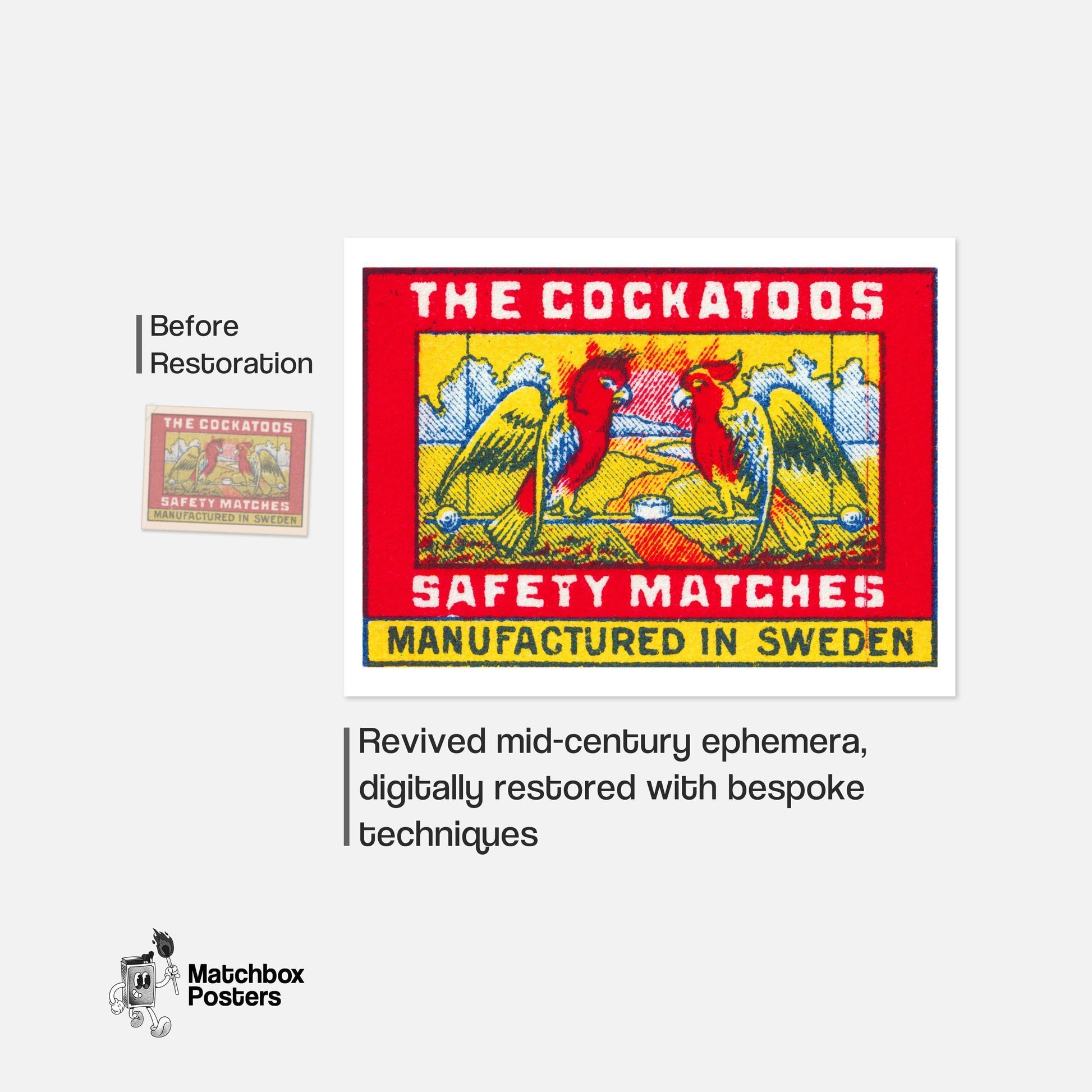 Two Red Cockatoos - vintage matchbox label print - framed wall art preview