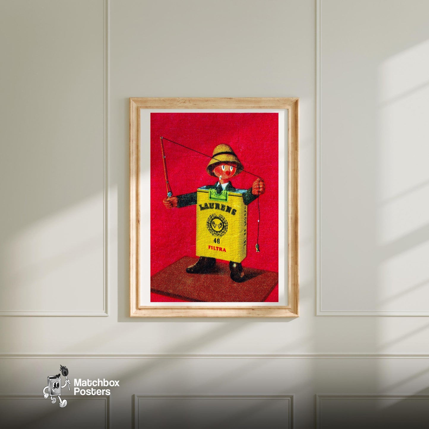 Cigarette Fisherman - vintage matchbox label print - bedroom mockup