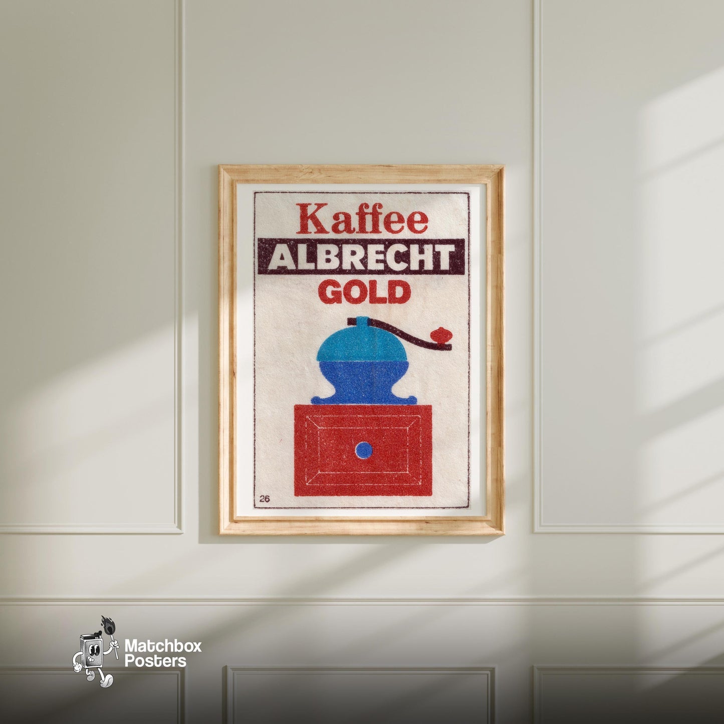 Vintage Coffee Grinder Illustration - vintage matchbox label print - bedroom mockup