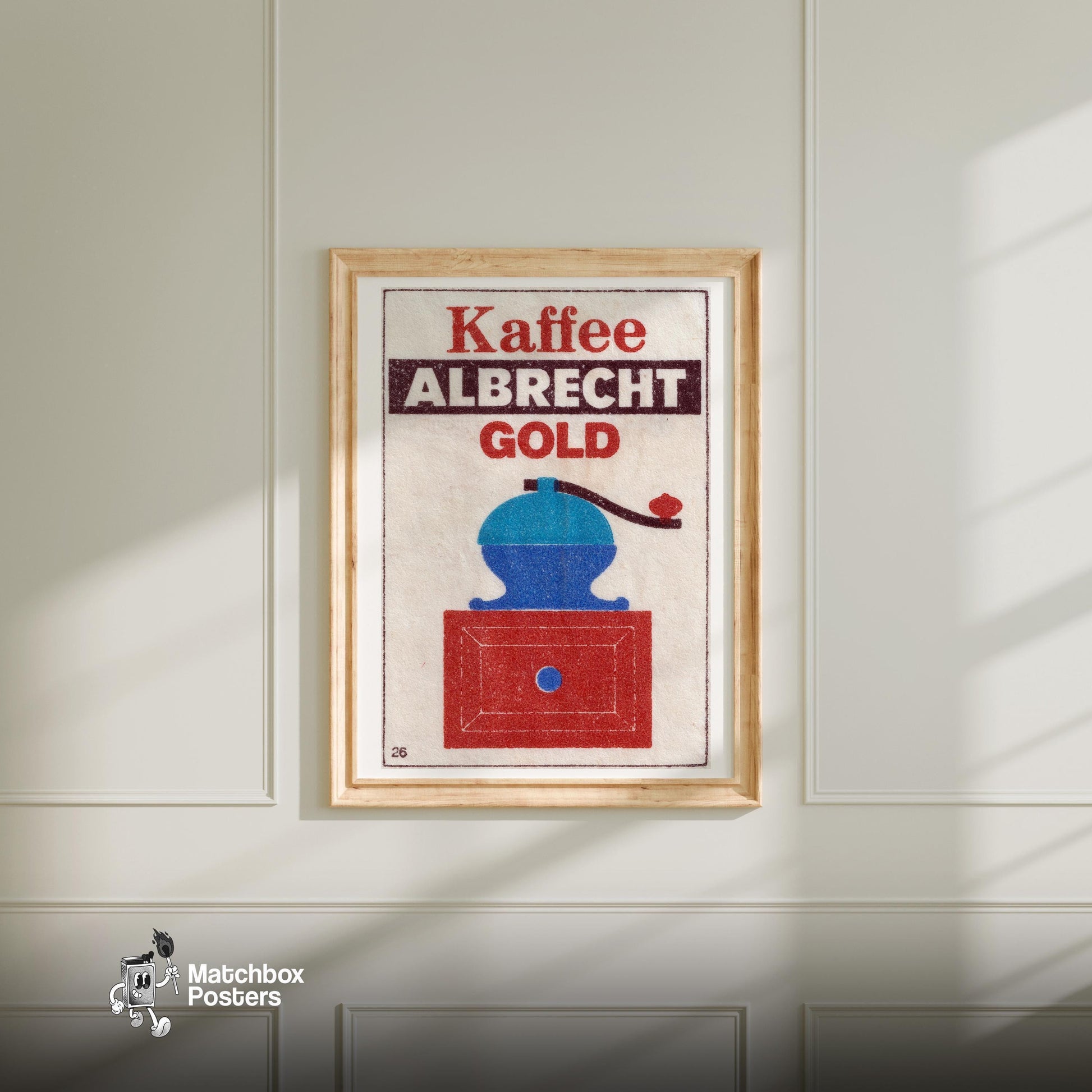 Vintage Coffee Grinder Illustration - vintage matchbox label print - bedroom mockup
