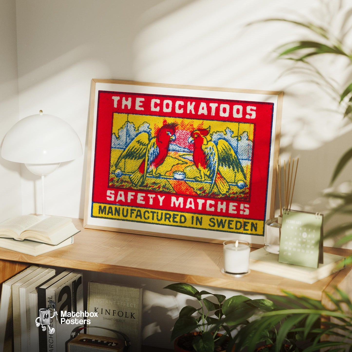 Two Red Cockatoos - vintage matchbox label print - office wall
