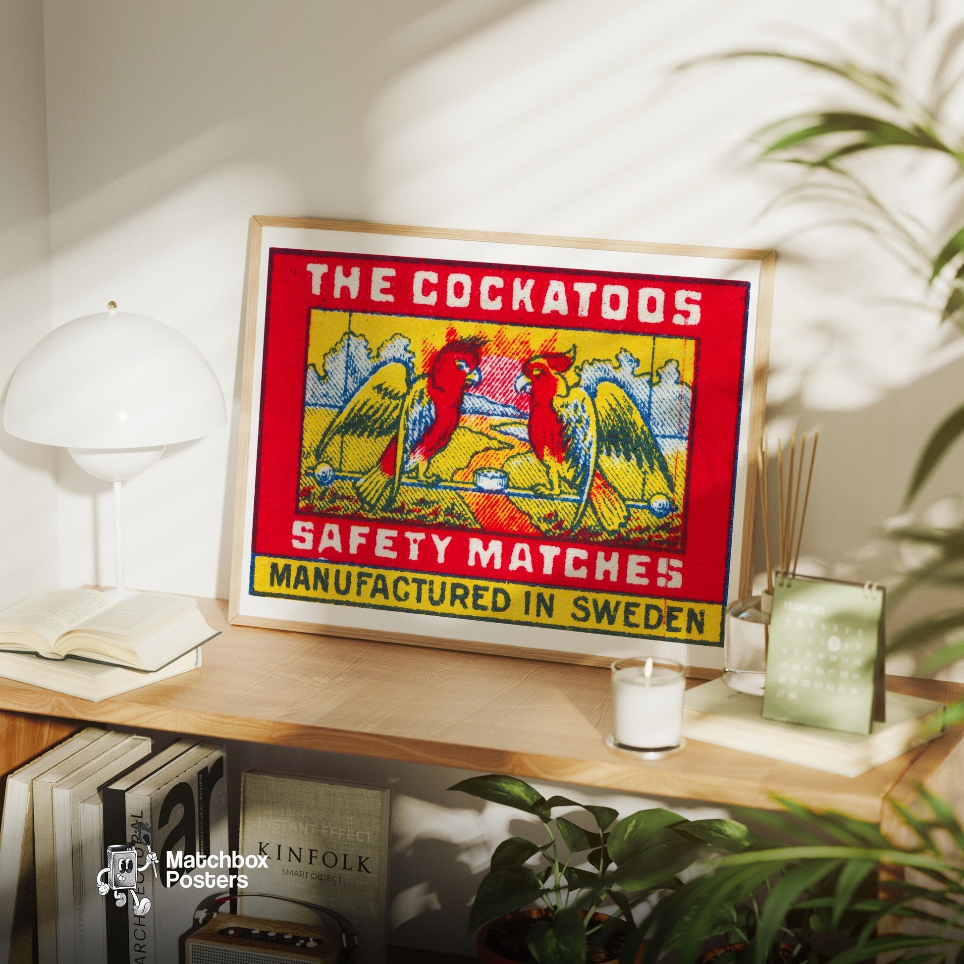 Two Red Cockatoos - vintage matchbox label print - office wall