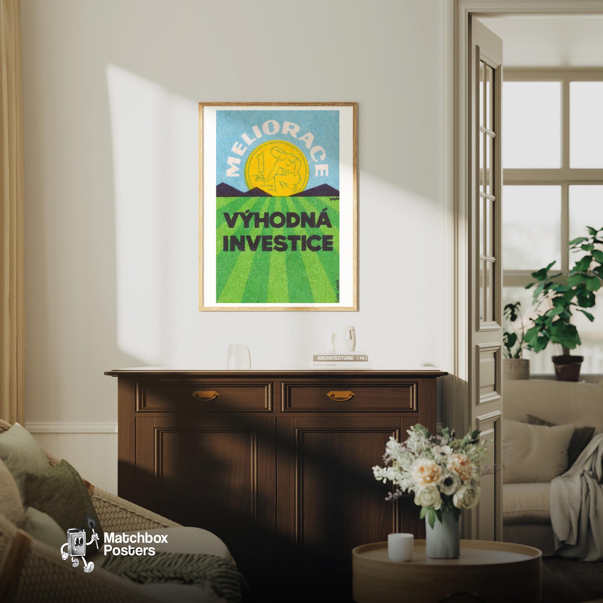 Czech Coin - vintage matchbox label print - living room mockup