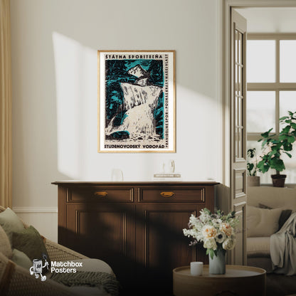 Waterfall - vintage matchbox label print - living room mockup