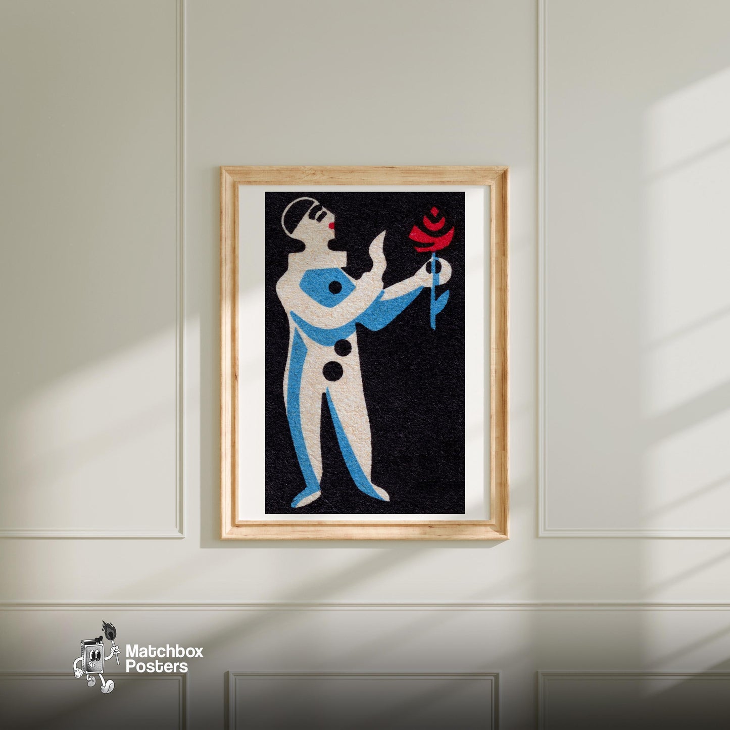 Clown Holding Rose - vintage matchbox label print - bedroom mockup