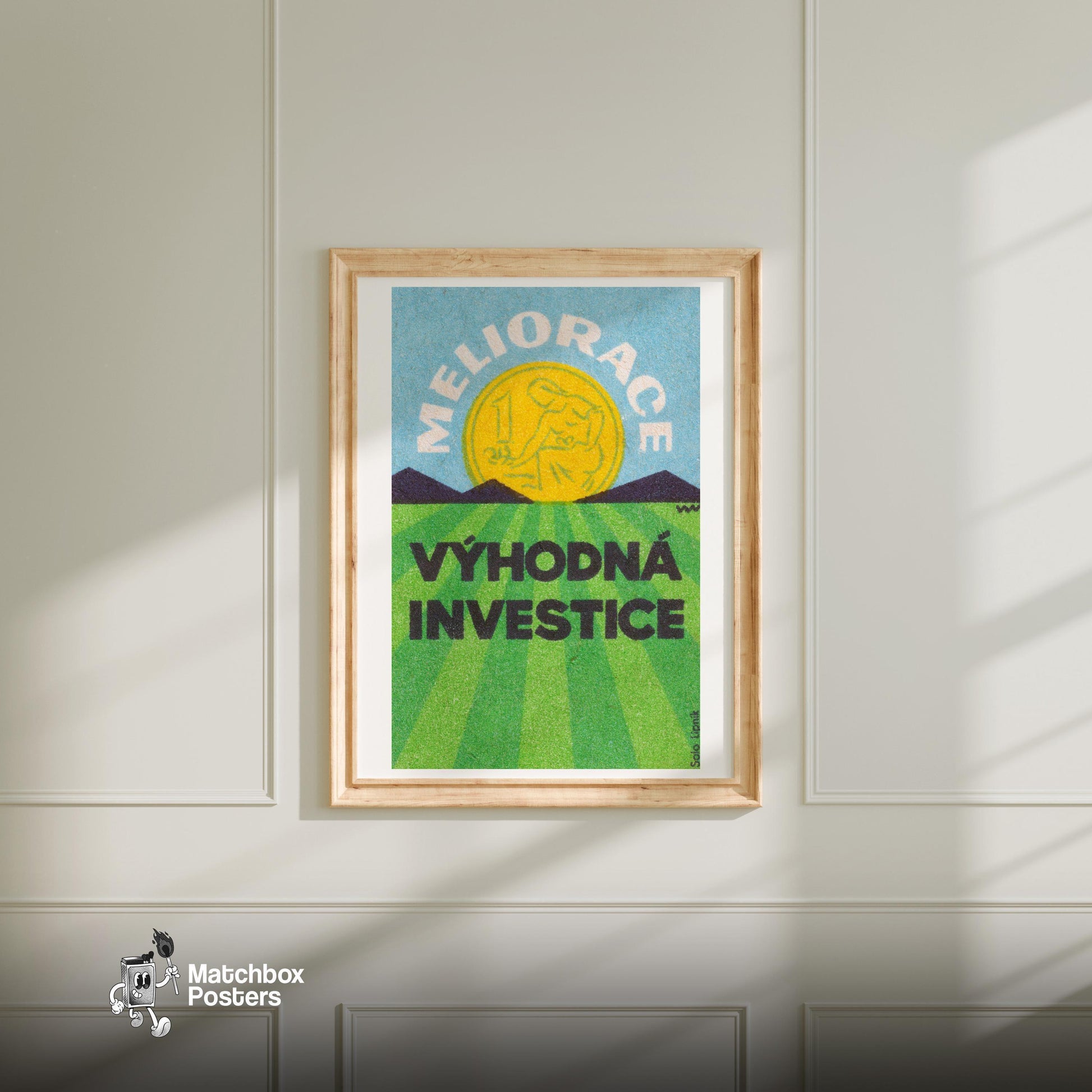 Czech Coin - vintage matchbox label print - bedroom mockup