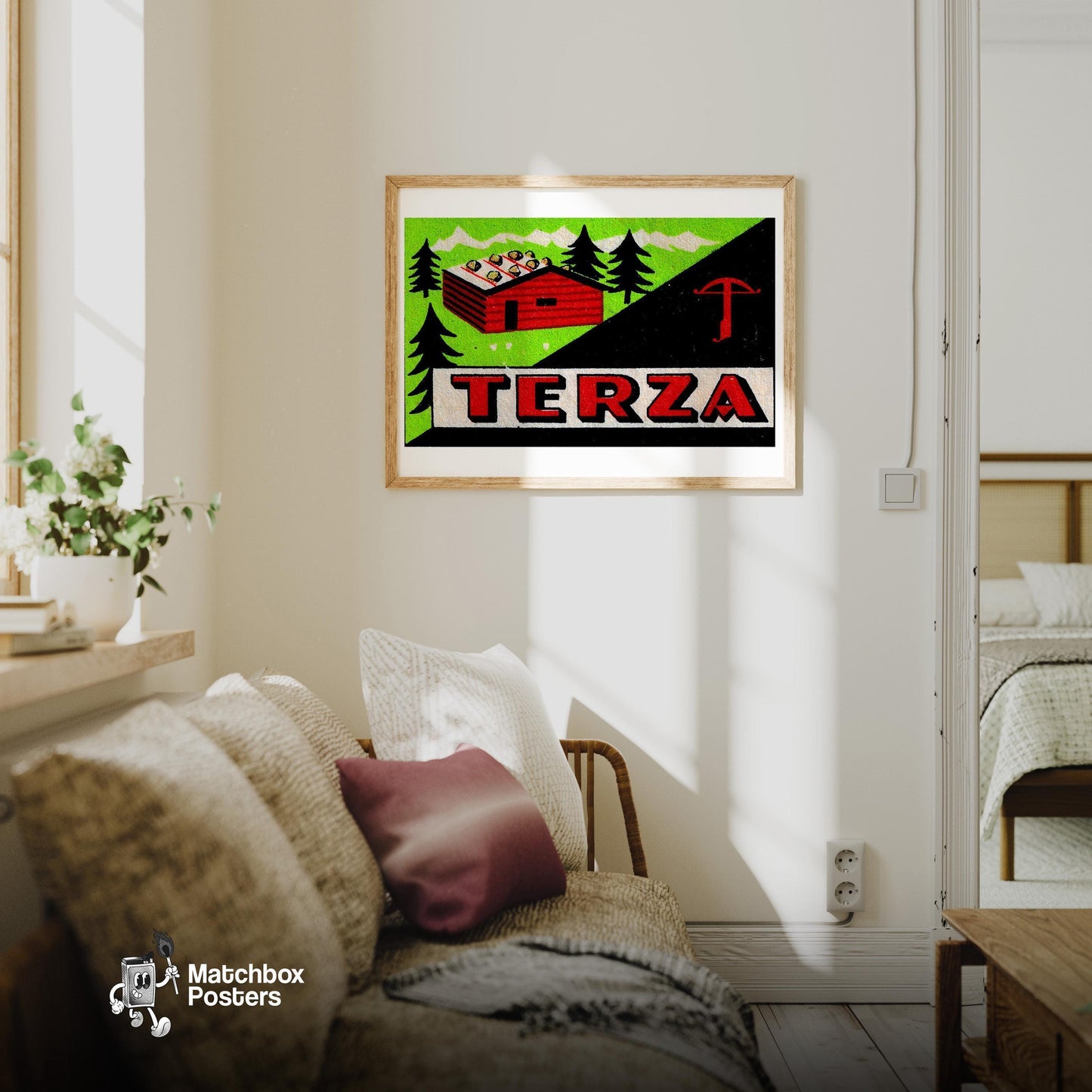 Red Cabin - vintage matchbox label print - living room mockup