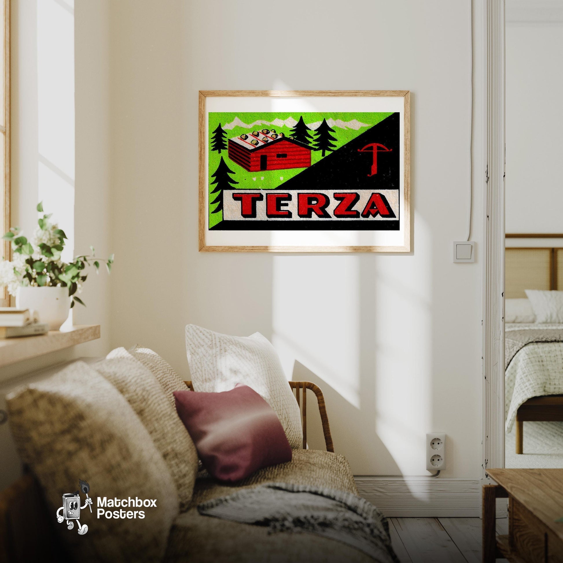 Red Cabin - vintage matchbox label print - living room mockup