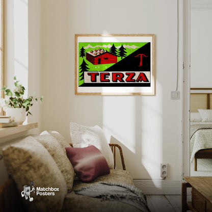 Red Cabin - vintage matchbox label print - living room mockup