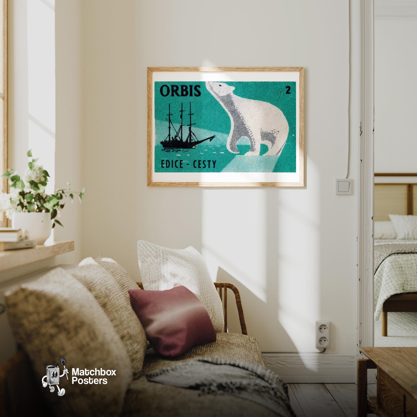 Polar Bear Arctic - vintage matchbox label print - living room mockup